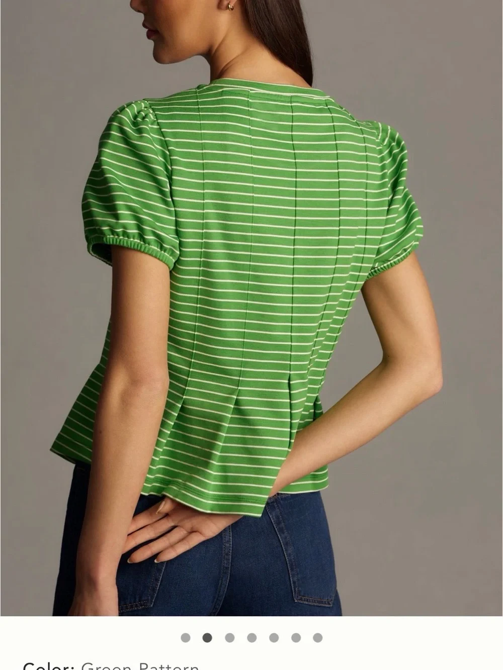 Anthropologie Green Striped Puff-Sleeve Peplum Top